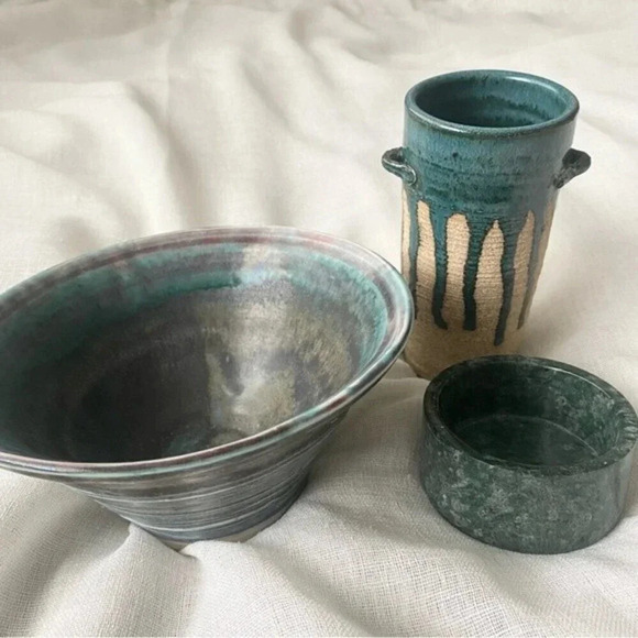 Vintage Green Marble Dish and Emerald Green StonewareVase and Bowl Sets - Picture 2 of 16